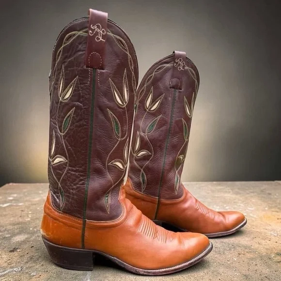 1970s • Ralph Lauren Leaf Inlay • Men’s 9.5 D Vintage Cowboy Western Boots